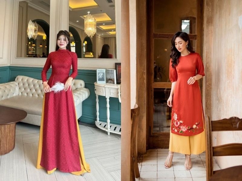 phối áo dài đỏ cùng quần màu vàng
