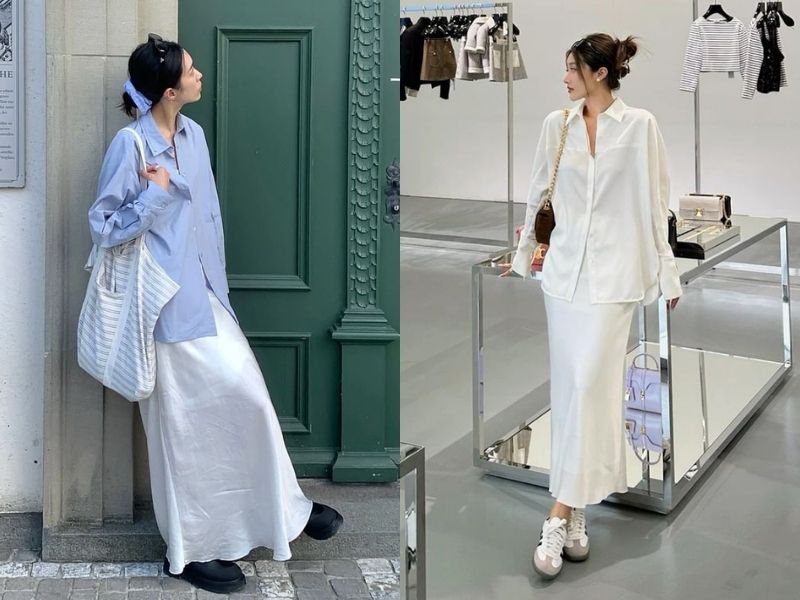 chân váy midi phối áo sơ mi