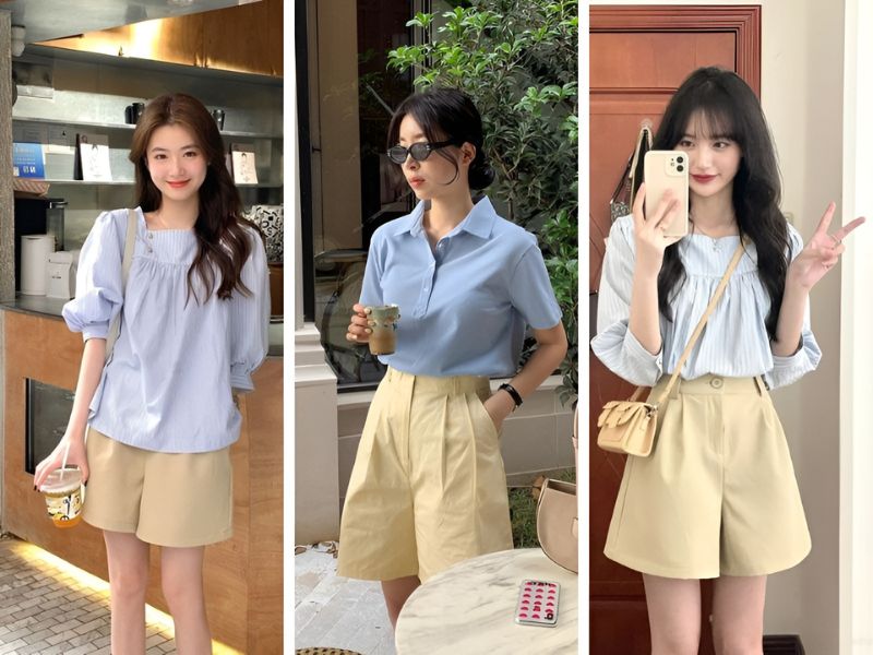 Phối áo kiểu màu xanh dương và quần short màu kem