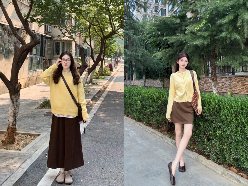 Phối áo vàng với chân váy màu nâu