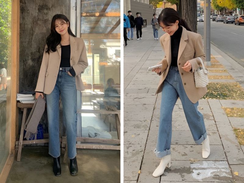 Phối áo blazer màu kaki với jean 