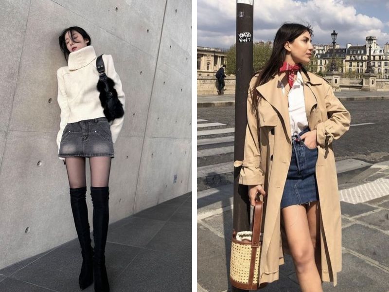 outfit áo len áo trench coat với chân váy jean ngắn