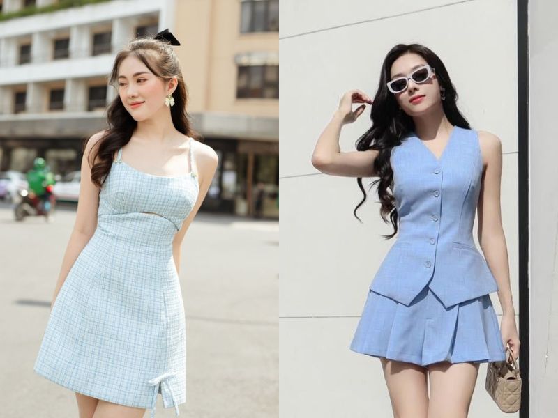 phối đồ váy sang chảnh màu xanh lam