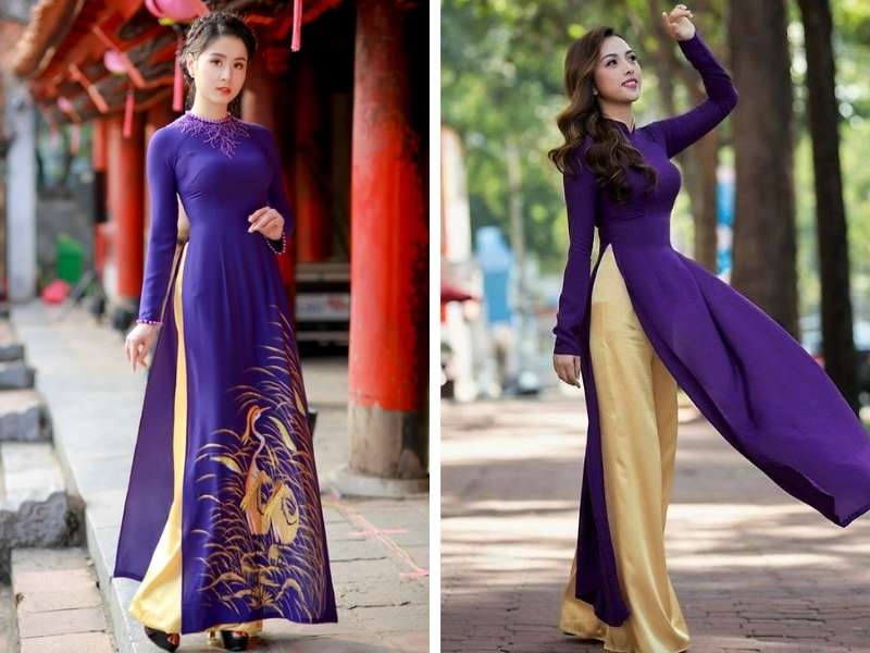 Áo dài tím mặc với quần màu vàng