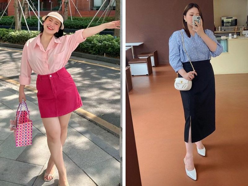 chân váy chữ a áo sơ mi nữ mập lùn