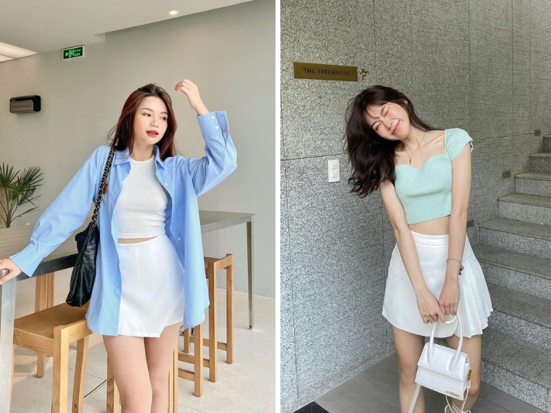 Áo croptop phối với váy trắng