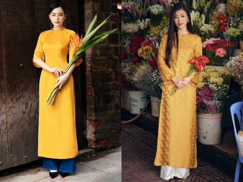 áo dài gam màu vàng mơ cho nàng da ngăm