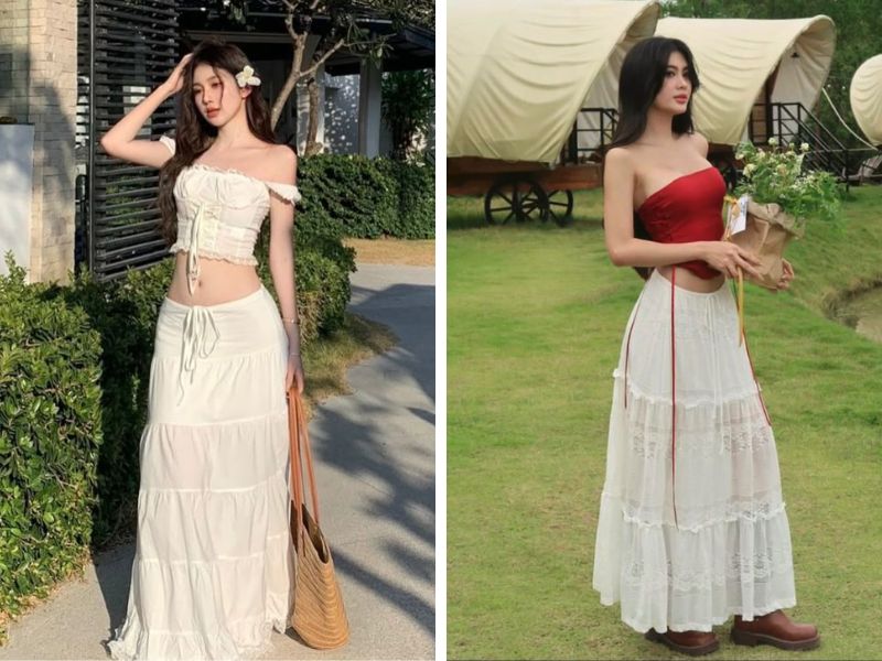 áo croptop và chân váy trắng dài