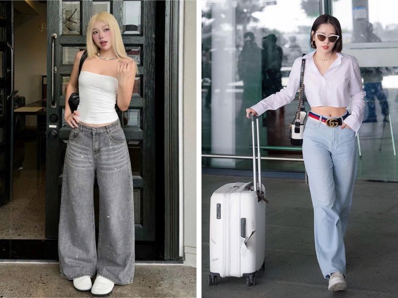 quần jean ống rộng áo croptop