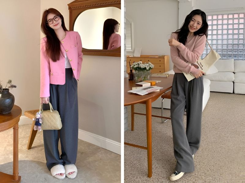 Phối áo hồng tay dài và quần dài màu xám