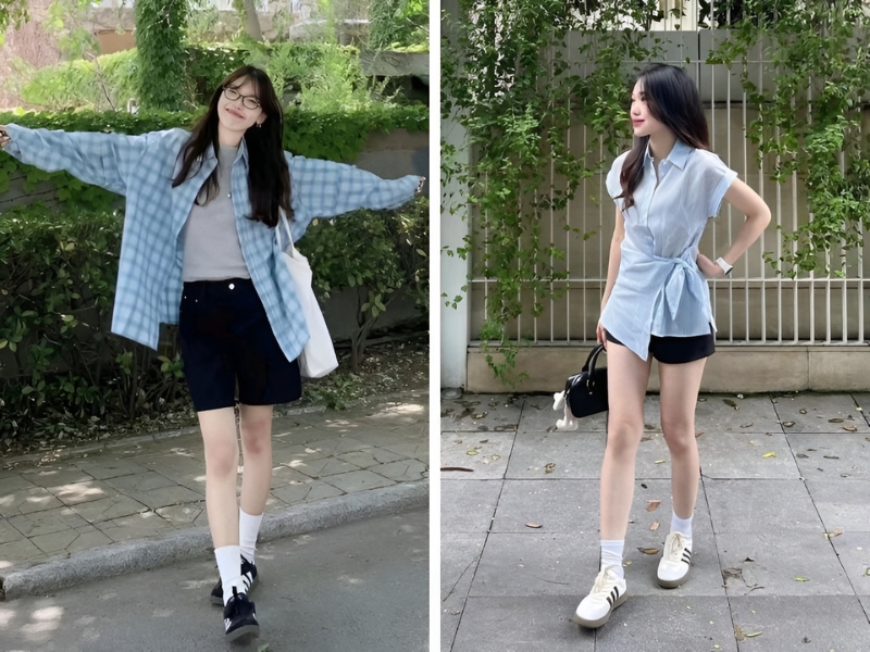 Phối áo sơ mi xanh dương và quần short đen