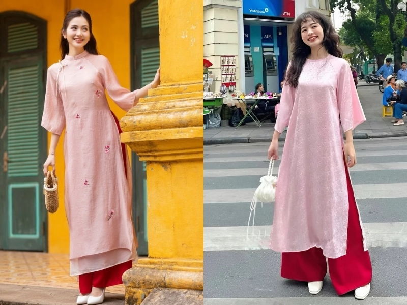 Phối áo dài hồng với quần màu đỏ