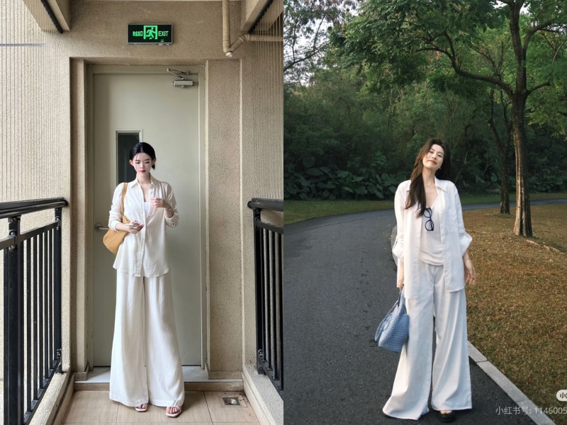 Outfit trắng phối với xám ghi 