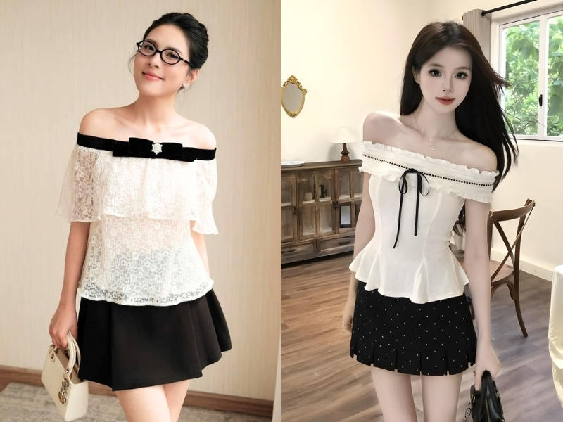 Áo trễ vai kết hợp chân váy cạp cao