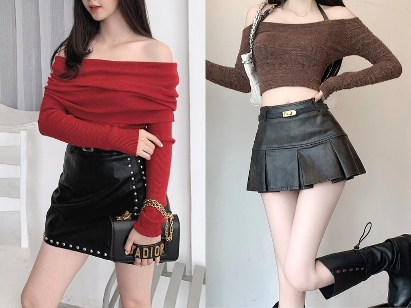 phối áo trễ vai và chân váy da
