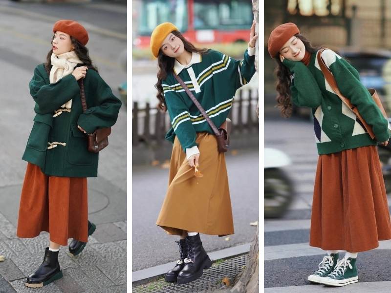 Cách phối outfit nữ màu xanh lá cho da vàng