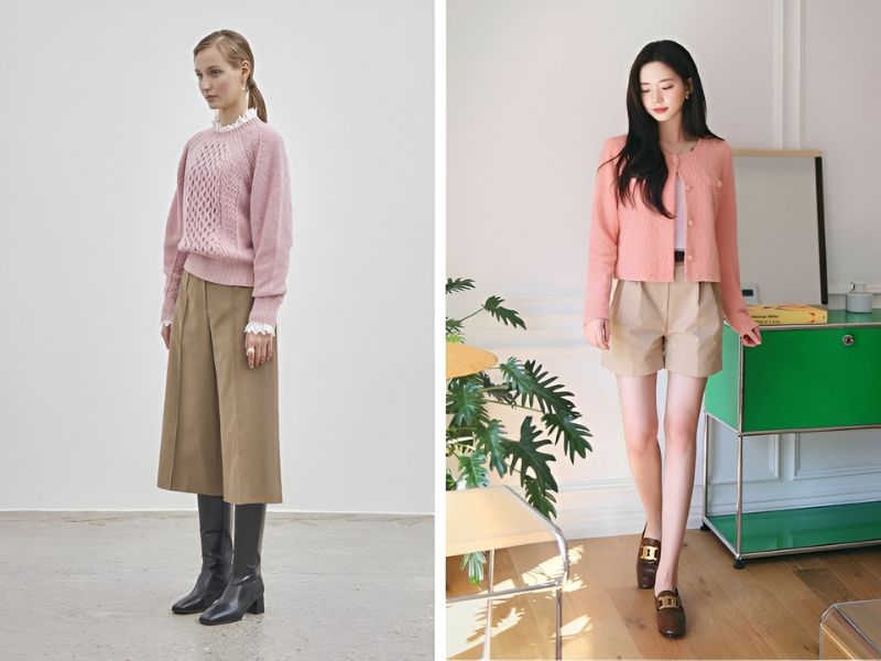 Áo màu hồng phối cùng quần kaki 