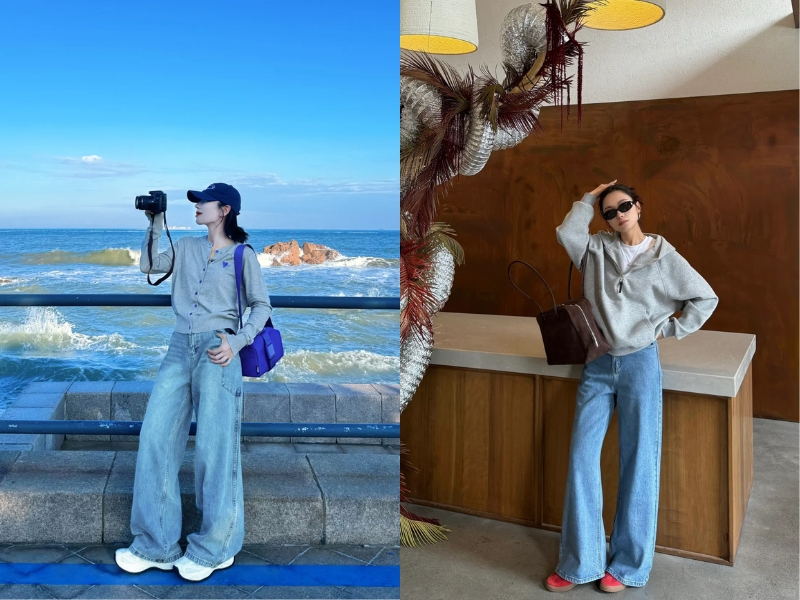 Phối outfit áo xám với quần jean