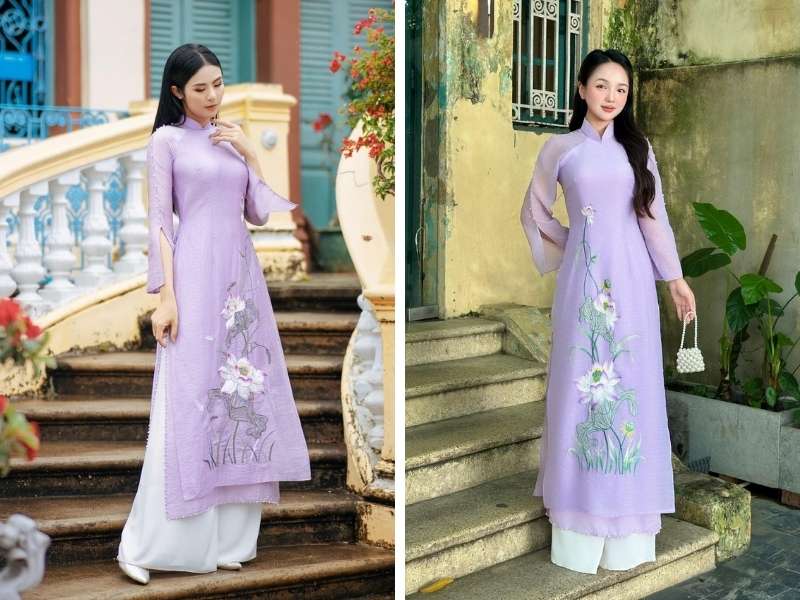Áo dài tím phối với quần màu trắng