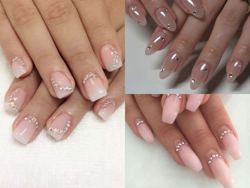 nail đính đá nền hồng