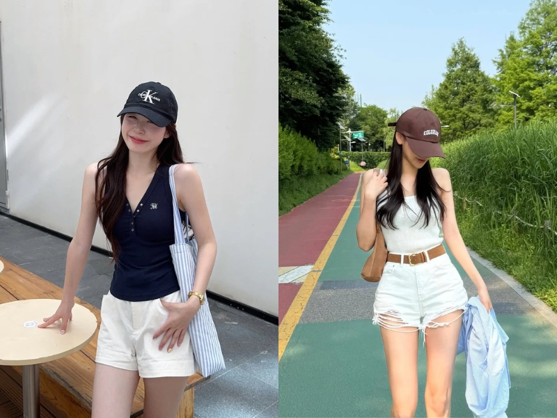 phối quần short trắng với áo hai dây