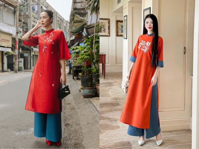 phối áo dài đỏ với quần Màu xanh cổ vịt