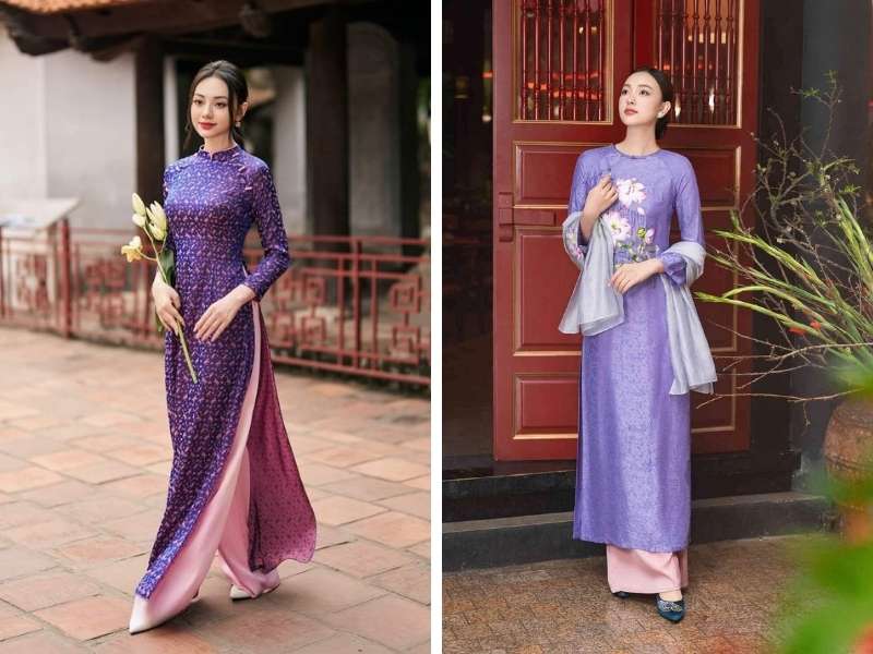 Áo dài tím phối với quần màu hồng