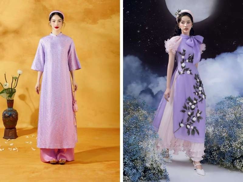 Áo dài tím kết hợp với quần màu hồng
