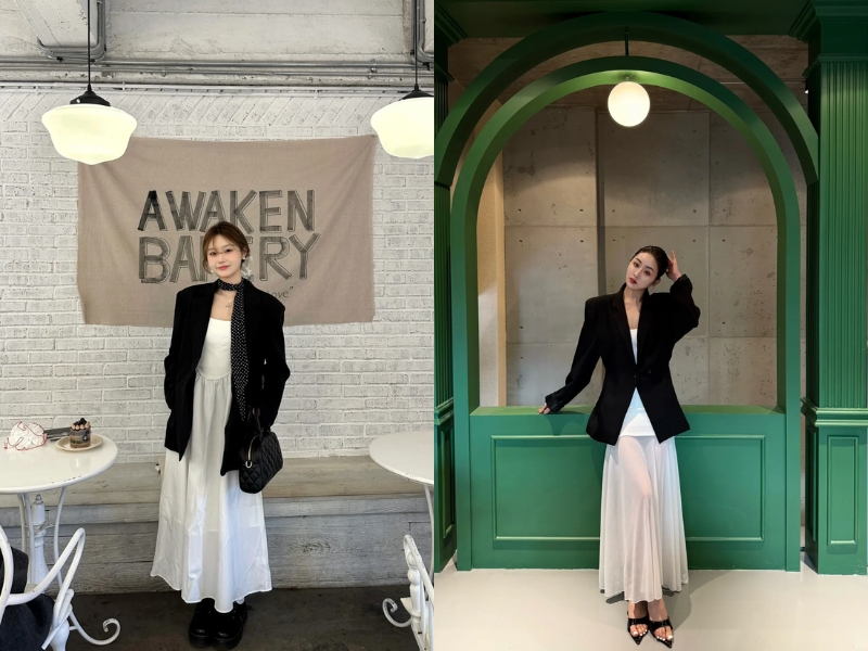 Sự kết hợp giữa váy trắng và blazer 