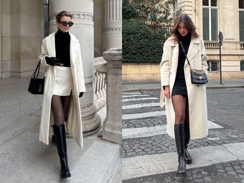 Trench coat phối chân váy ngắn và boots cao cổ