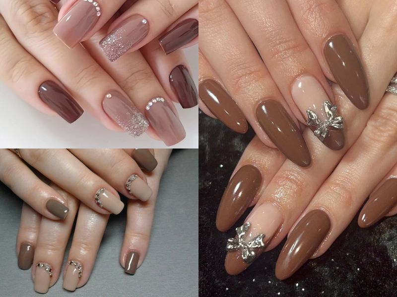 nail màu nâu đính đá