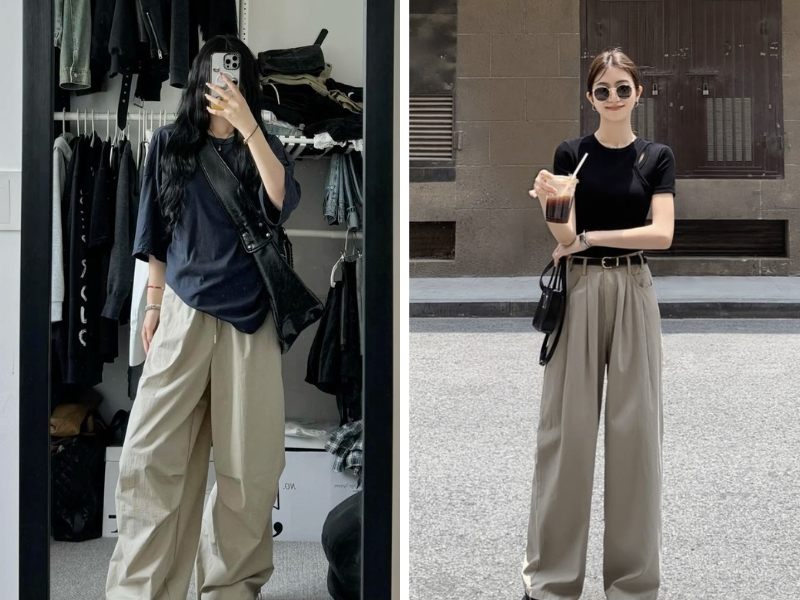 Áo thun đen hoặc áo baby tee phối với quần baggy kem