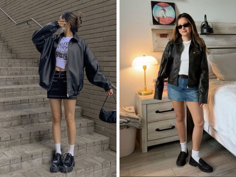 áo khoác da và chân váy jean ngắn