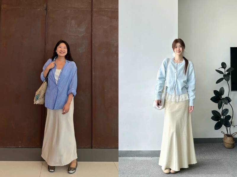 phối đồ kết hợp xanh dương và kem