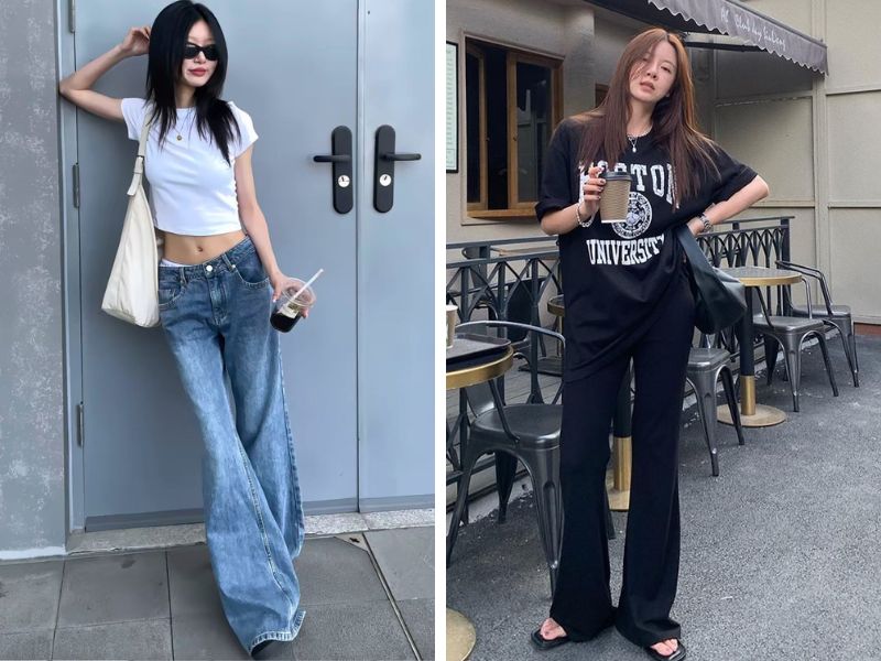 áo thun trắng và áo thun đen quần ống loe