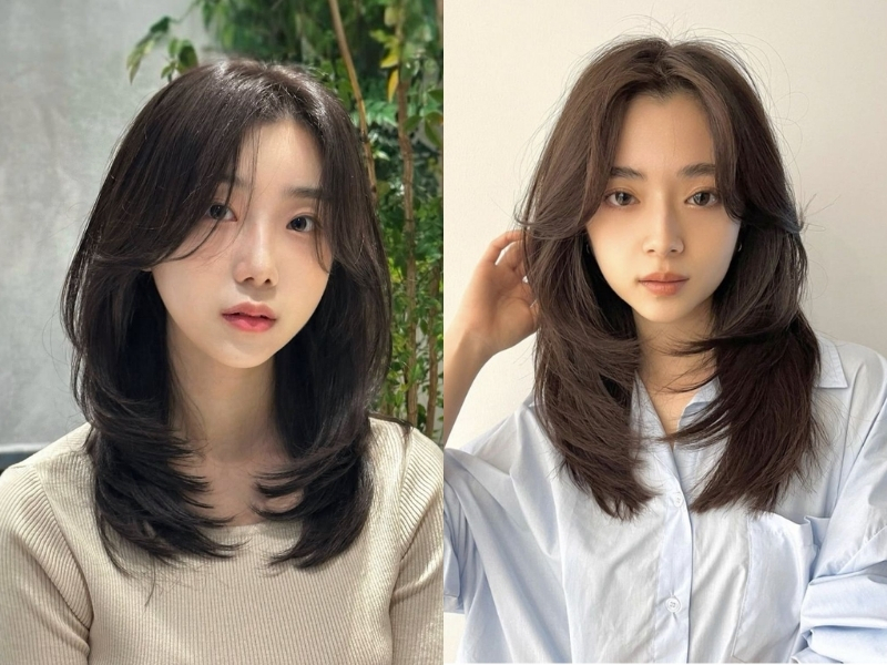 Kiểu tóc layer nữ mặt tròn mái bay