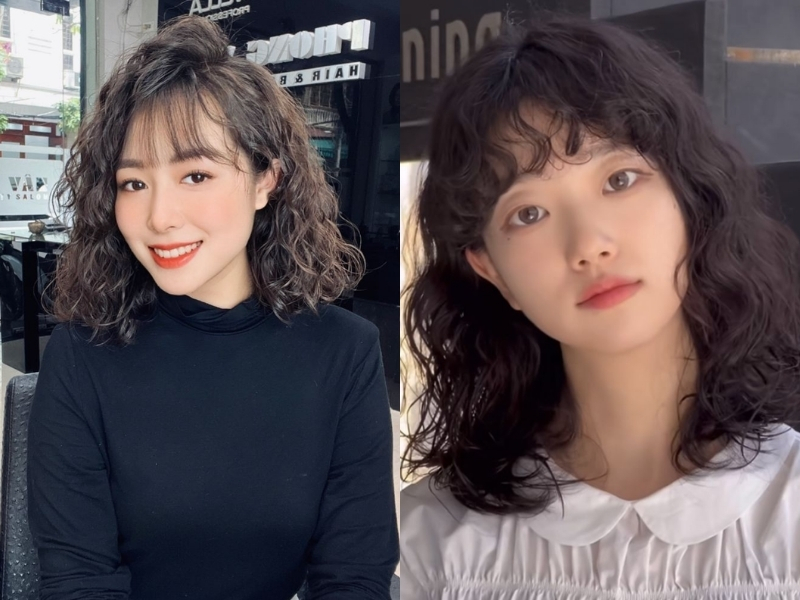 Tóc ngắn ngang vai uốn xoăn hippie