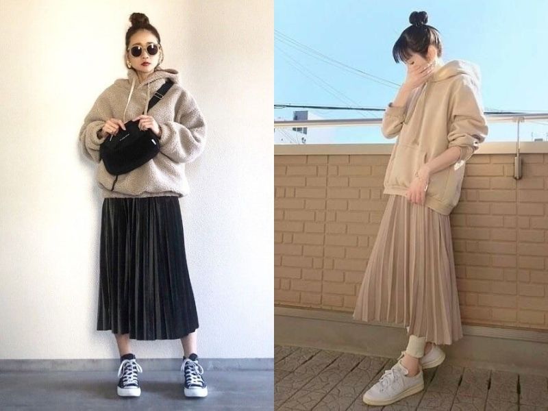 Hoodie phối chân váy.