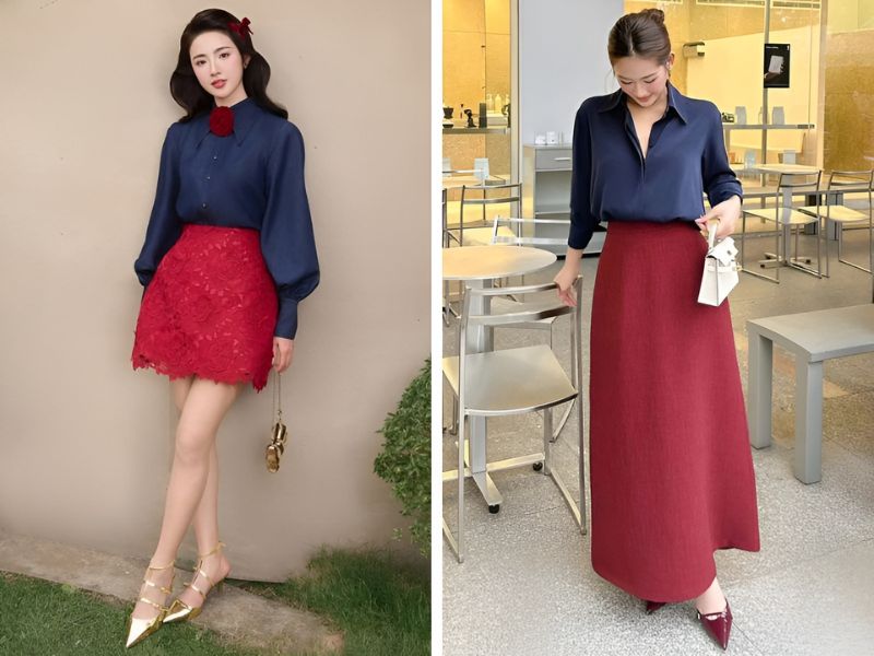 Phối áo xanh đậm và chân váy đỏ