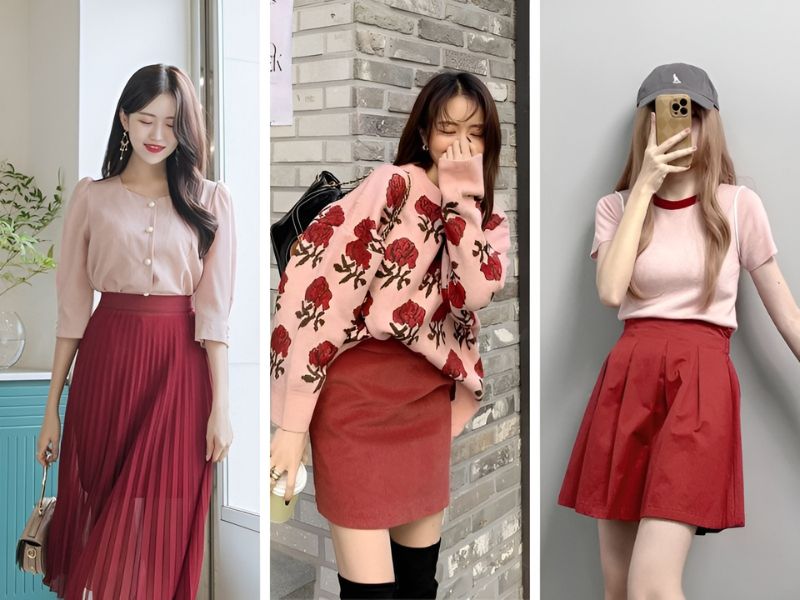 Phối áo hồng và chân váy đỏ