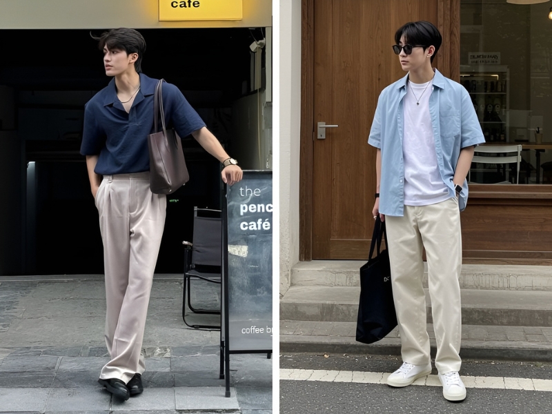 Phối áo sơ mi xanh dương và quần nâu