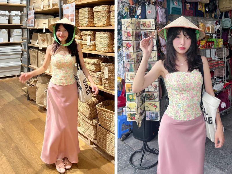 áo hoa nhí corset và chân váy đuôi cá