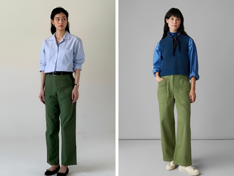 Phối áo sơ mi xanh dương và quần màu xanh lá 