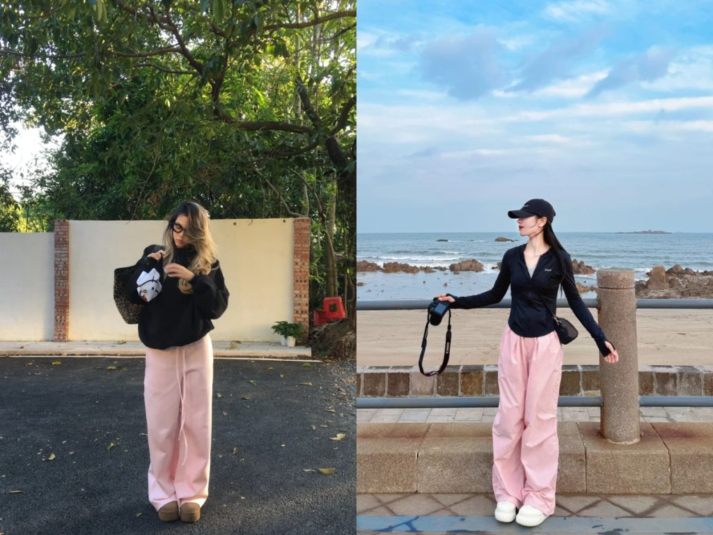 phối áo màu đen với quần màu hồng