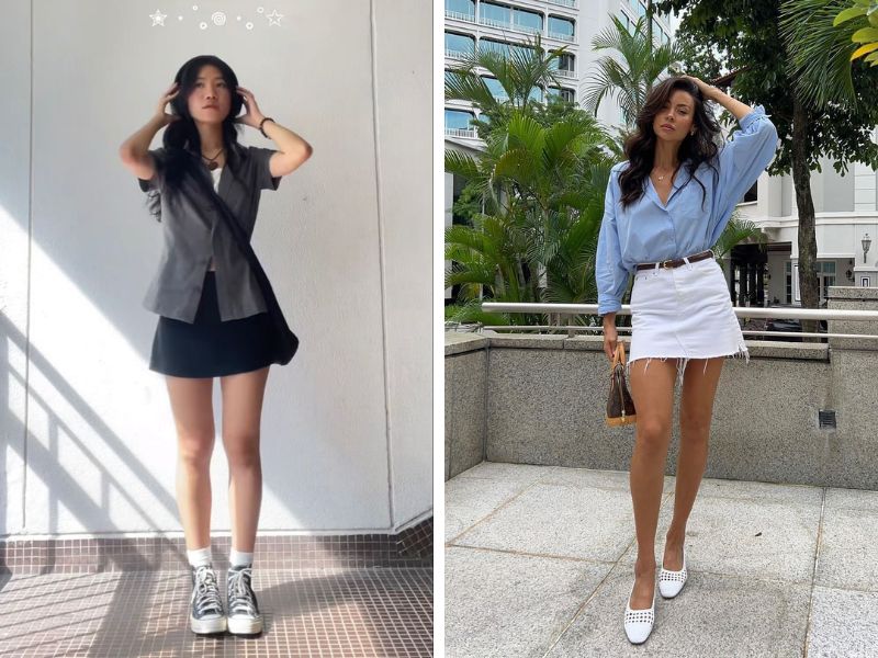 áo sơ mi kiểu và chân váy chữ A ngắn