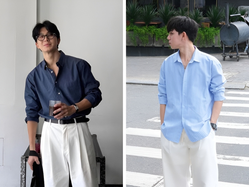 Phối áo sơ mi xanh dương và quần màu trắng
