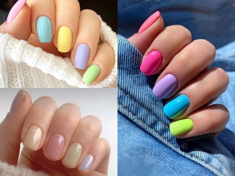 mẫu nail học sinh pastel nhiều màu