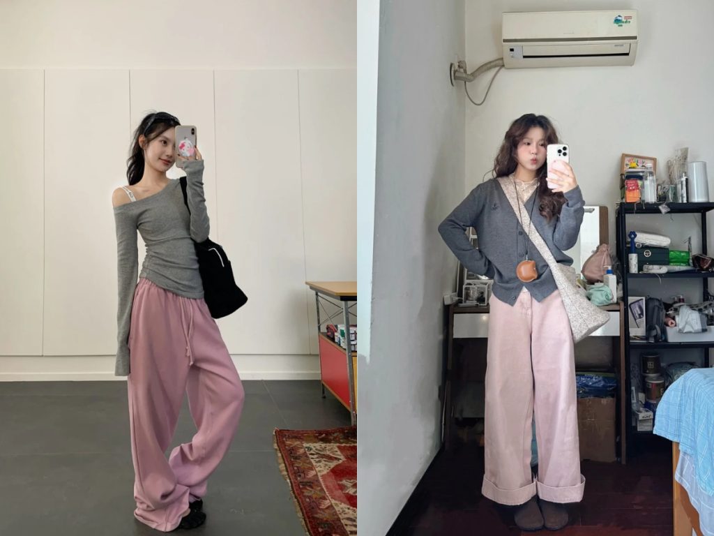 áo Tông xám phối với quần màu hồng