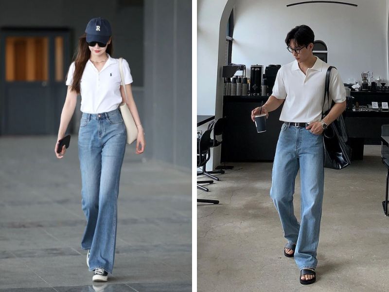 áo polo nam nữ và quần jean ống suông