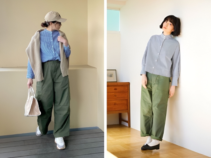 Phối áo sơ mi xanh dương cùng quần màu xanh lá